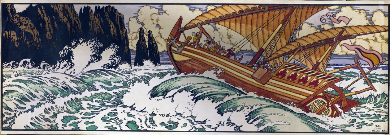 Sinbad de zeeman. Illustratie voor het traditionele Arabische verhaal uit Duizend-en-een-nacht door Ivan Yakovlevich Bilibin