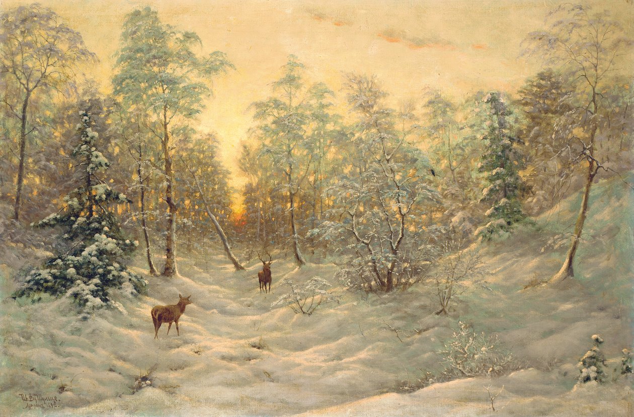 Herten in een besneeuwd landschap bij schemering door Ivan Fedorovich Choultse
