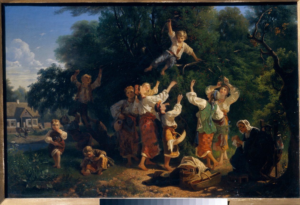 Het plukken van kersen in de boomgaard van een eigenaar in Oekraïne. Schilderij van Ivan Ivanovich Sokolov door Ivan Ivanovich Sokolov