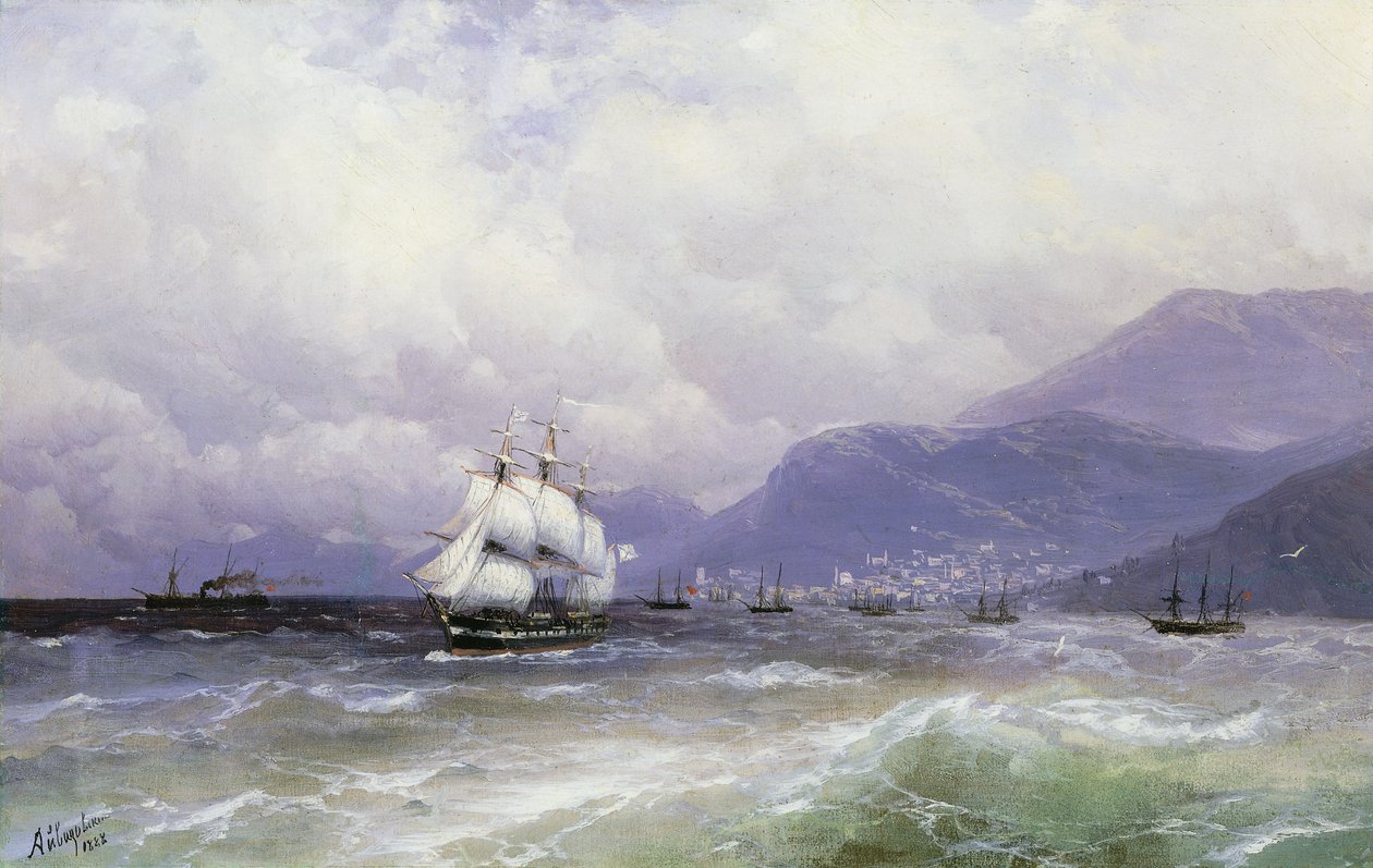 Een Kustlandschap met Schepen bij Trebizond, 1888 door Ivan Konstantinovich Aivazovsky