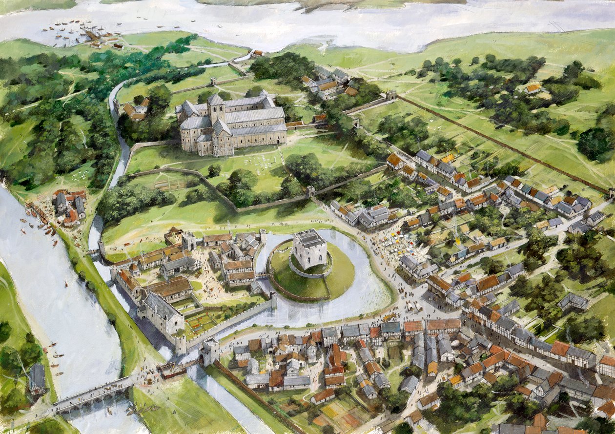 Luchtfoto van Christchurch Castle, Port en Priory afgebeeld aan het eind van de 12e eeuw door Ivan Lapper