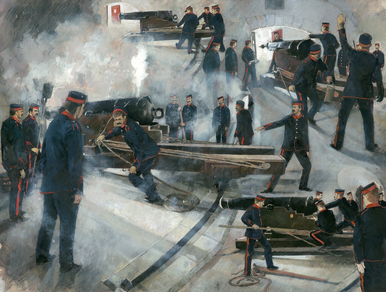 Kanon bemanning, Dartmouth Point Battery kazematten in Dartmouth Castle in de late negentiende eeuw door Ivan Lapper