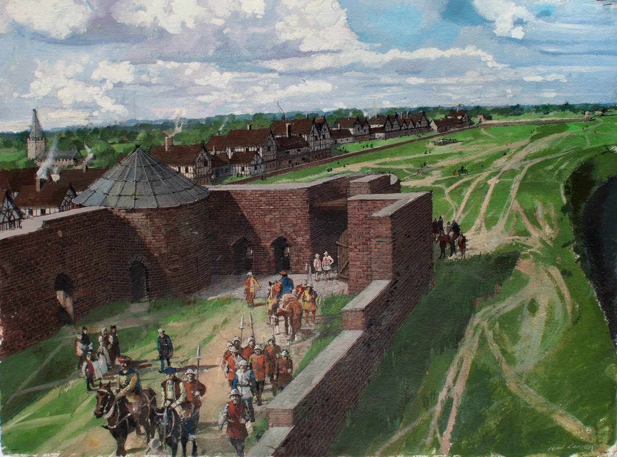 Gereconstrueerd aanzicht van de Tower of London, met de ingang van de Byward Tower en de Lion Tower in de jaren 1540 door Ivan Lapper