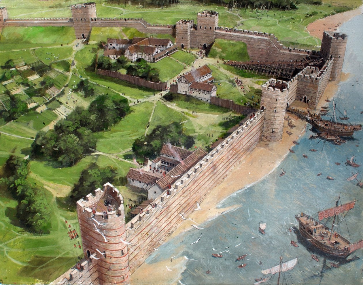 Gereconstrueerd aanzicht van de zuidoostelijke hoek van Romeins Londen en de toekomstige locatie van de Tower of London, zoals het eruit zou hebben gezien rond 400 na Christus door Ivan Lapper