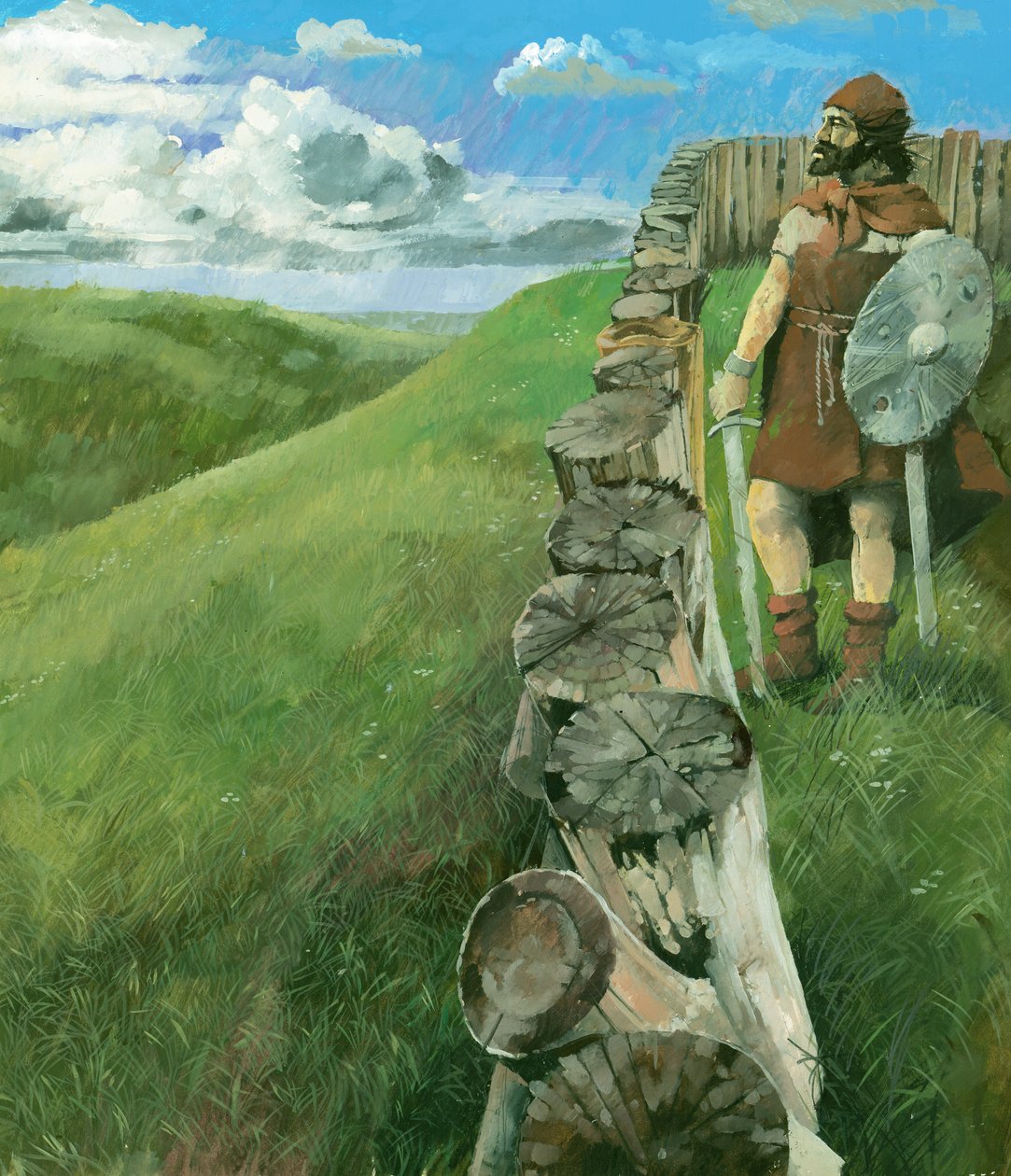 Reconstructietekening van een man uit de ijzertijd naast een houten palissadehek boven op Liddington Castle Hillfort, Swindon, UK door Ivan Lapper