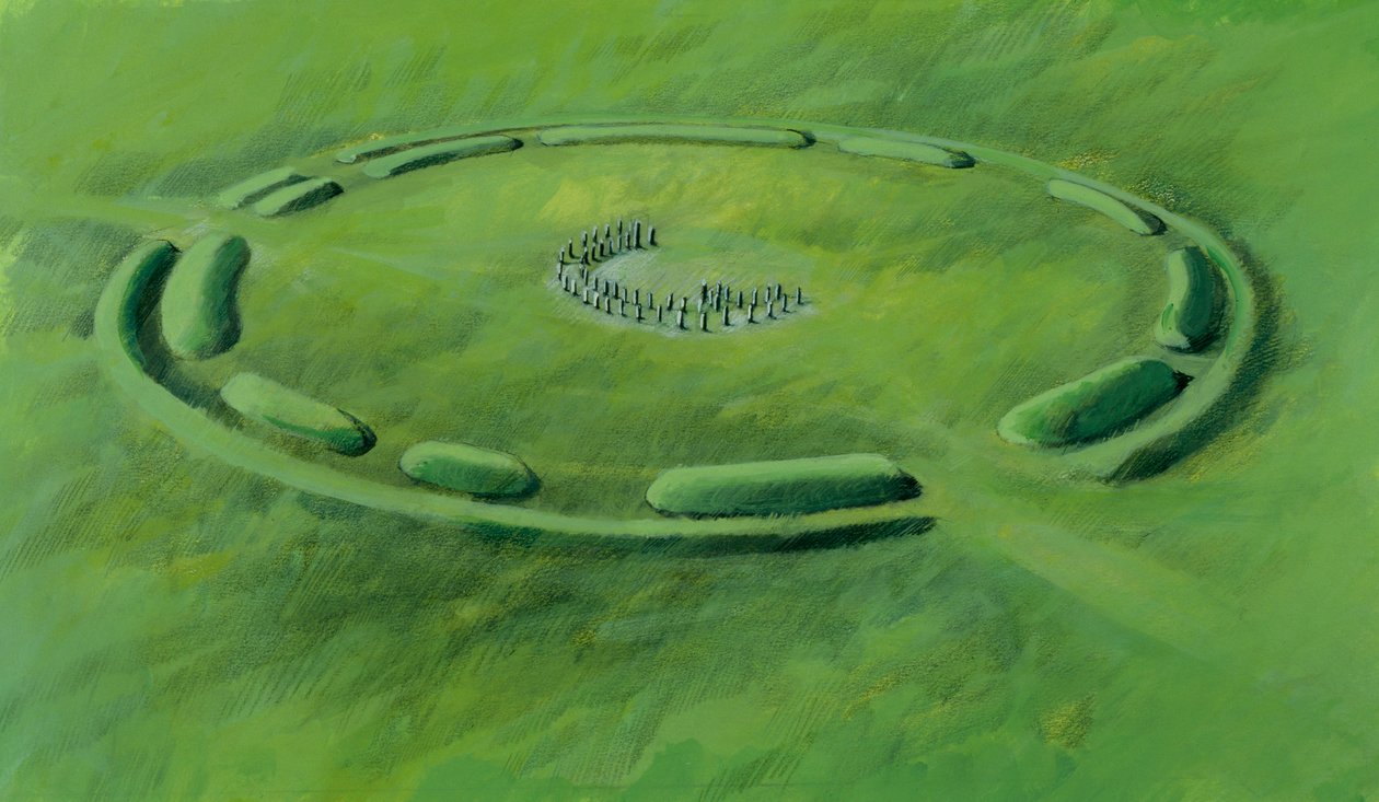Stonehenge: derde fase die begint met het plaatsen van de arduinen in een dubbele sikkel door Ivan Lapper