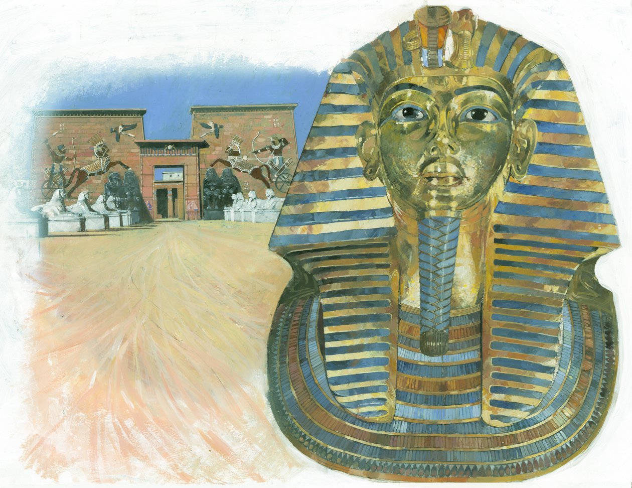 Het gouden masker van de mummie van de Egyptische farao Toetanchamon, met een oud Egyptisch tempelcomplex op de achtergrond door Ivan Lapper