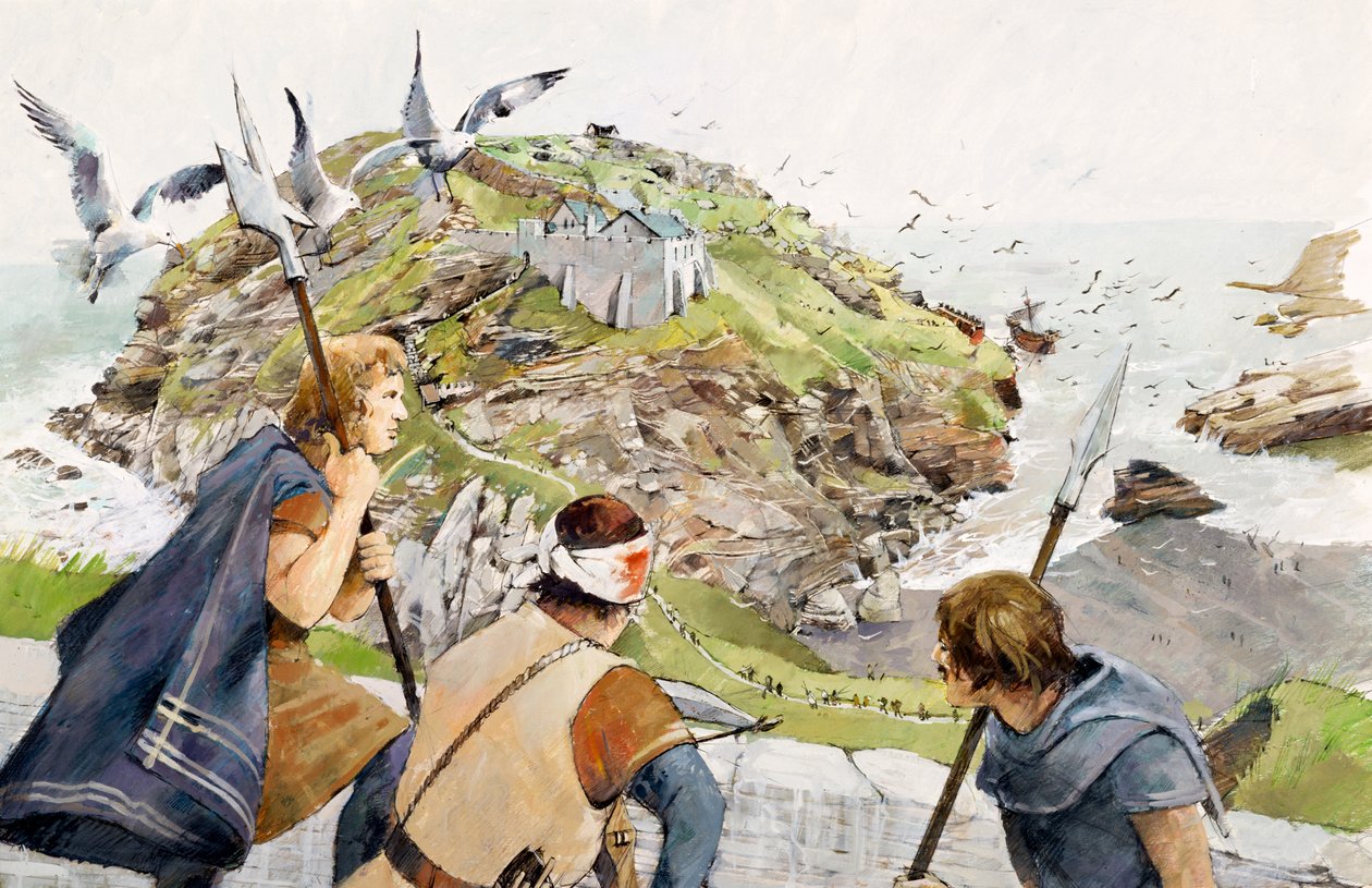 Kasteel Tintagel in 1230 AD (aquarel op papier) door Ivan Lapper