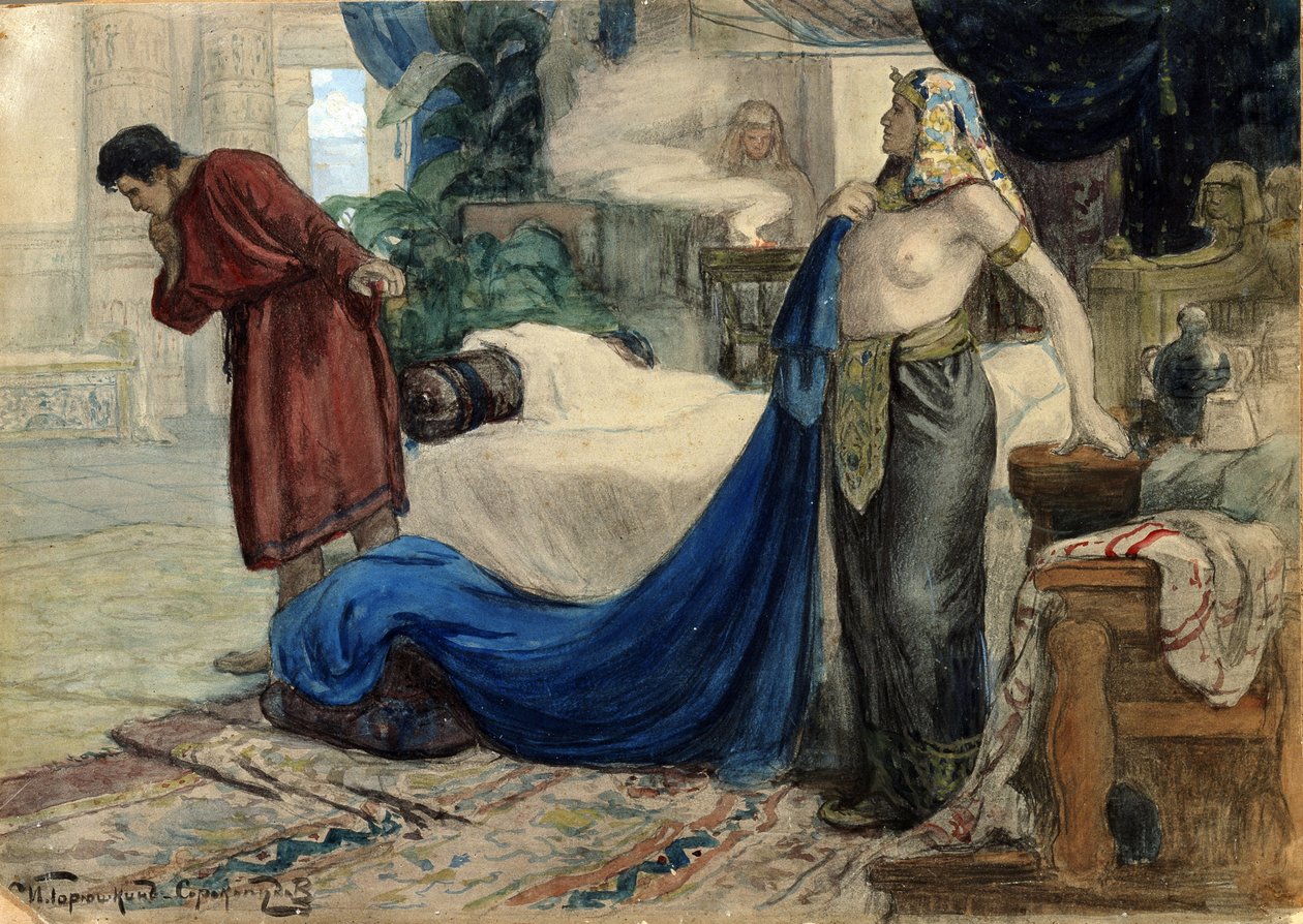 "Jozef en de vrouw van Putifar", ca.1900 (aquarel, gouache) door Ivan Silych Goriuschkin Sorokopudov