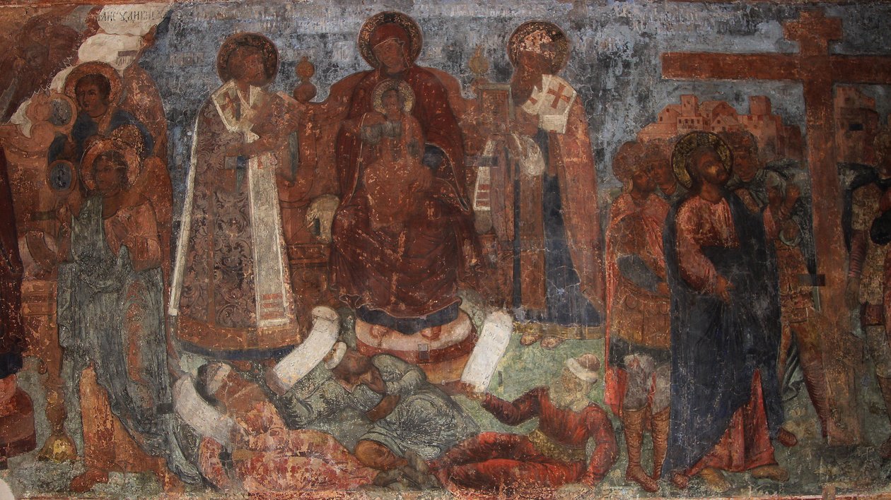 Fresco in de Kathedraal van Onze-Lieve-Vrouw van het Teken, Novgorod, begin 18e eeuw door Ivan Yakovlevich Bakhmatov