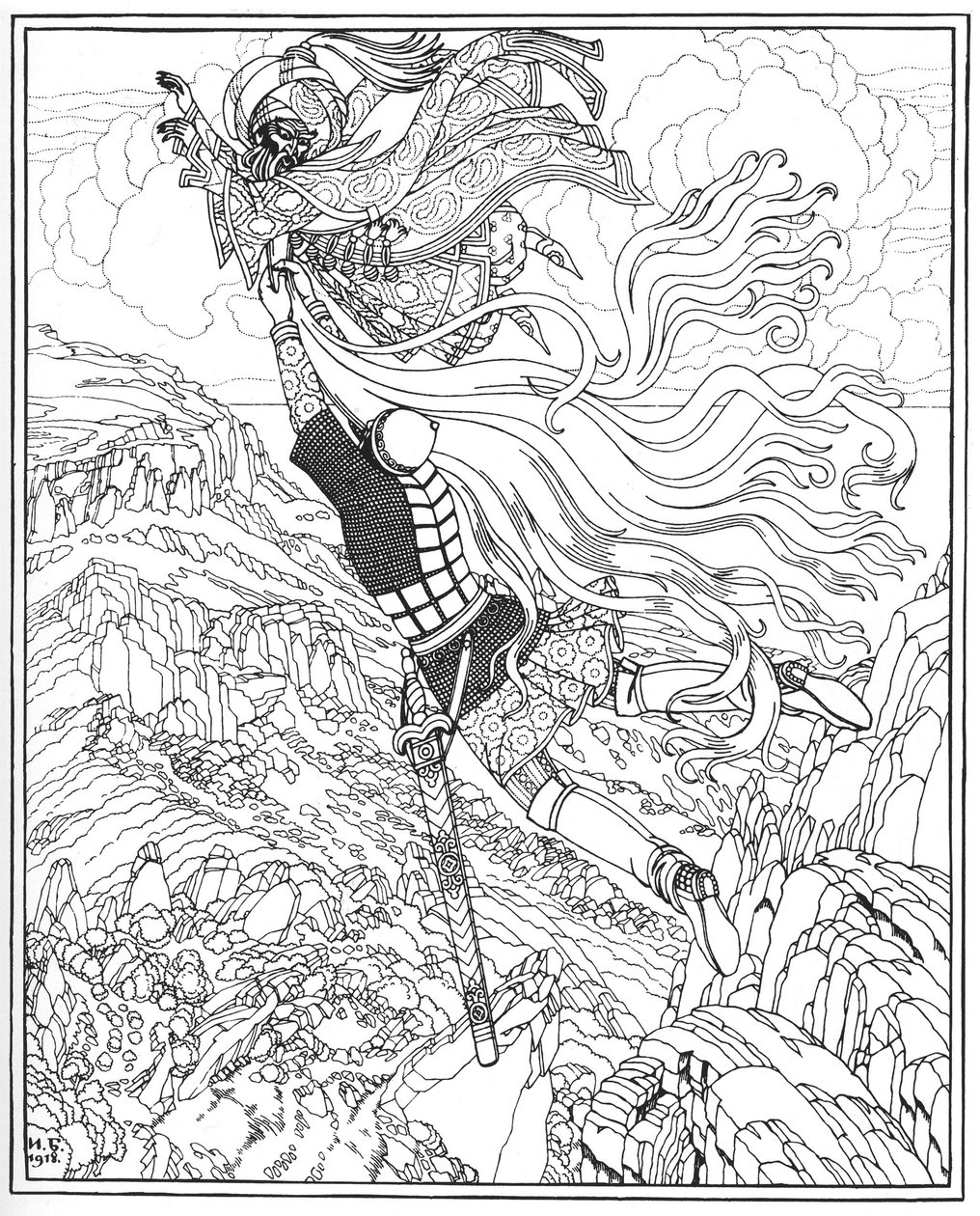 Vlucht van Chernomor en Ruslan. Illustratie bij het gedicht Ruslan en Lyudmila van A. Pushkin door Ivan Yakovlevich Bilibin