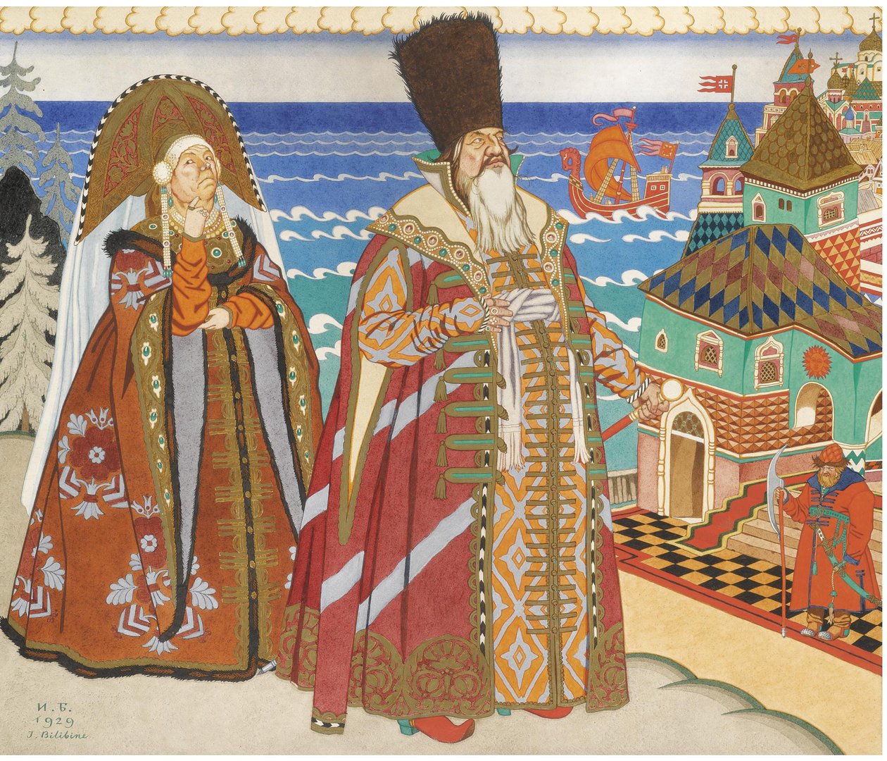 Illustratie voor het sprookje van de Tsaar Saltan door A. Poesjkin door Ivan Yakovlevich Bilibin