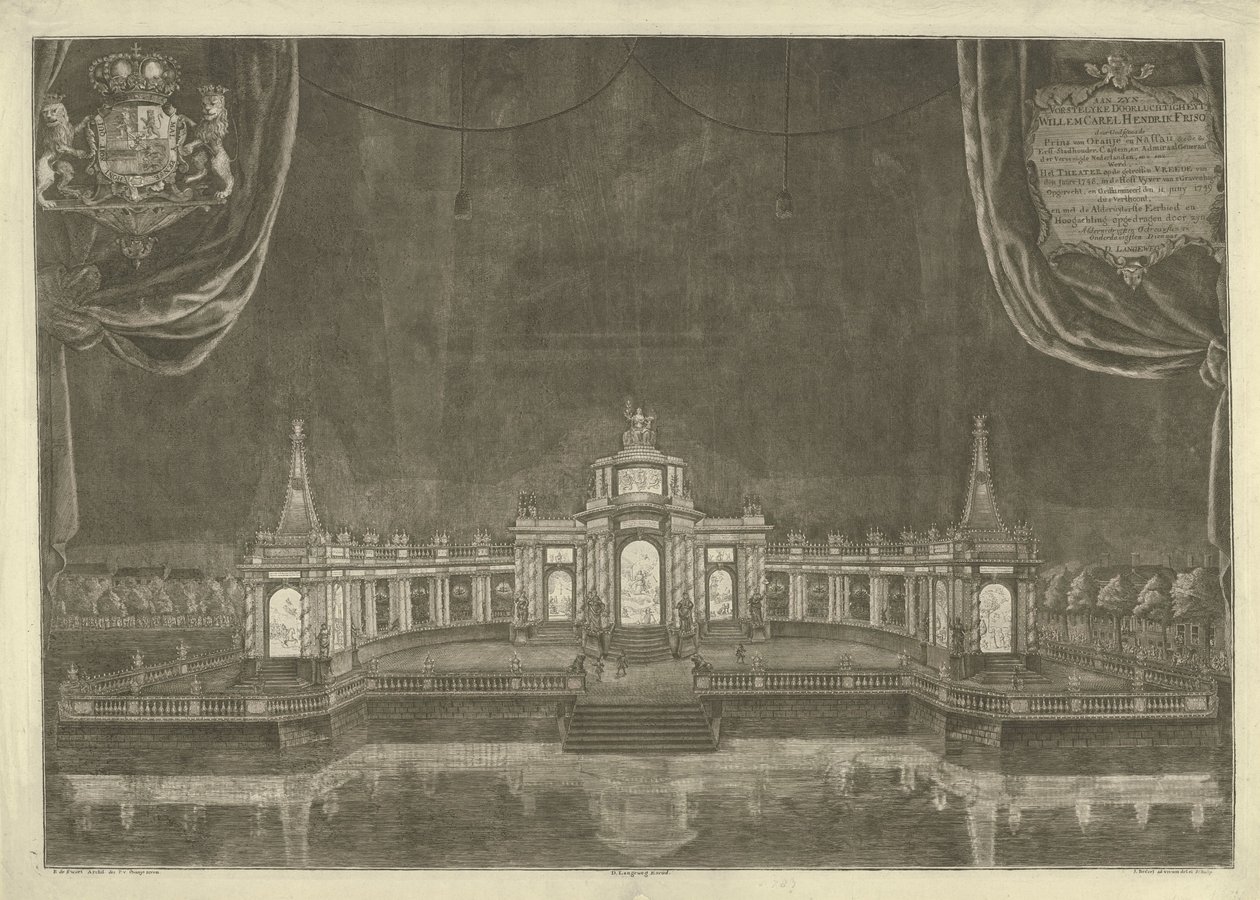 Illuminatie van het theater te Den Haag voor de Vrede van Aken, 1749 door Iven Besoet