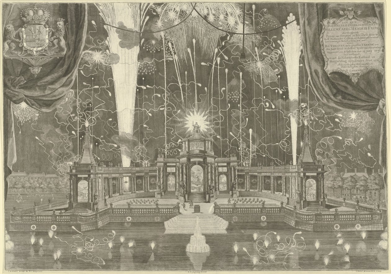 Vuurwerk te Den Haag voor de Vrede van Aken, 1749 door Iven Besoet
