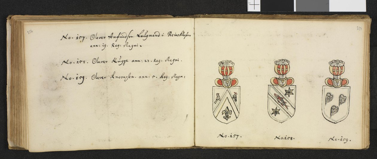 Illustratie uit een privéarchief in de Nationale Bibliotheek met de titel Insignia quædam virorum illustrium in Norvegia quodam habitantium van Iver Nielssøn Hirtzholm door Iver Hirtzholm