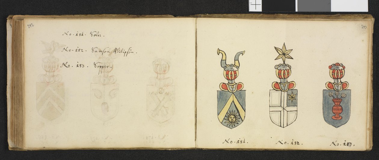 Illustratie uit een privéarchief in de Nationale Bibliotheek met de titel Insignia quædam virorum illustrium in Norvegia quodam habitantium van Iver Nielssøn Hirtzholm door Iver Hirtzholm