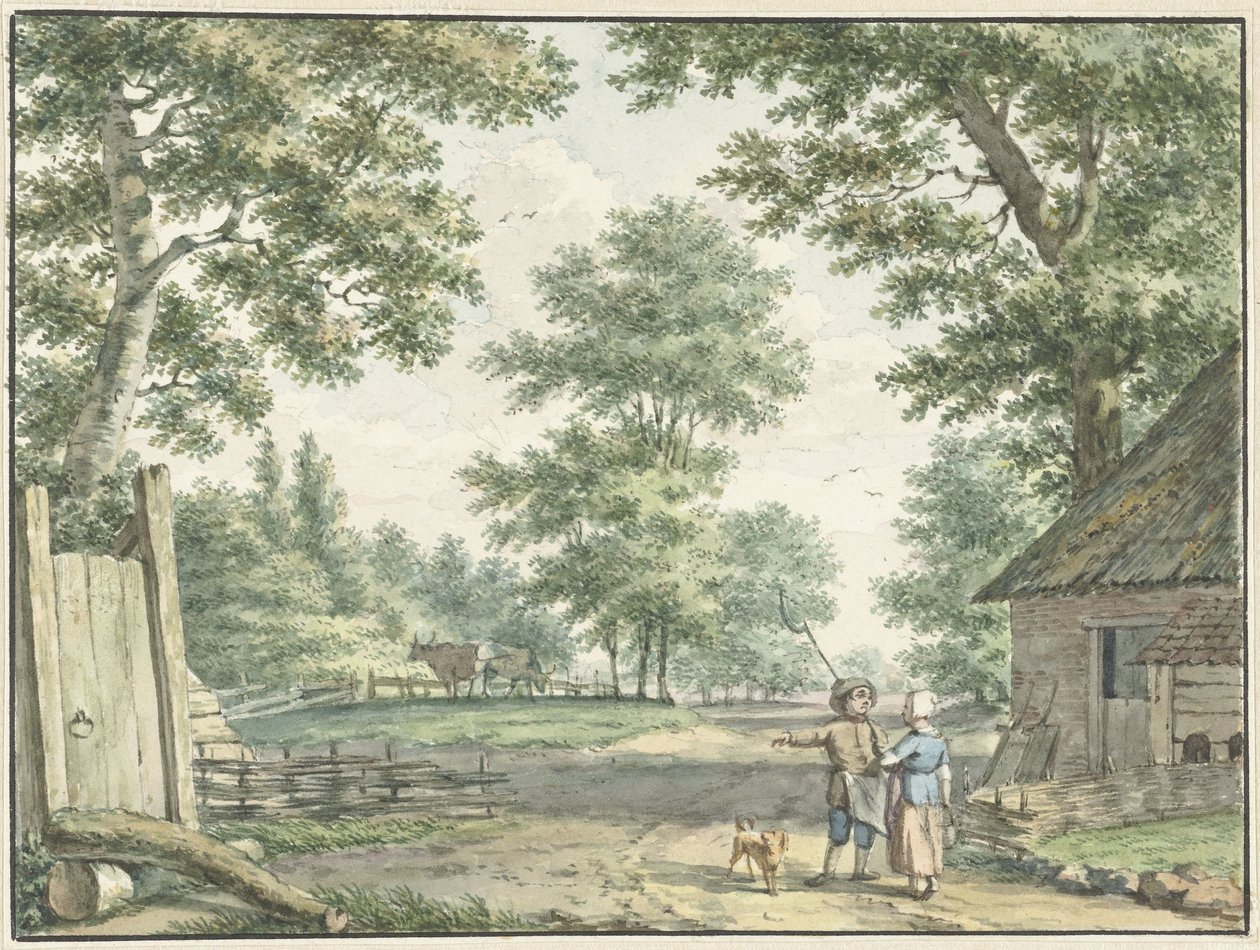 Landschap met twee personen bij een boerenwoning door Izaak Schmidt