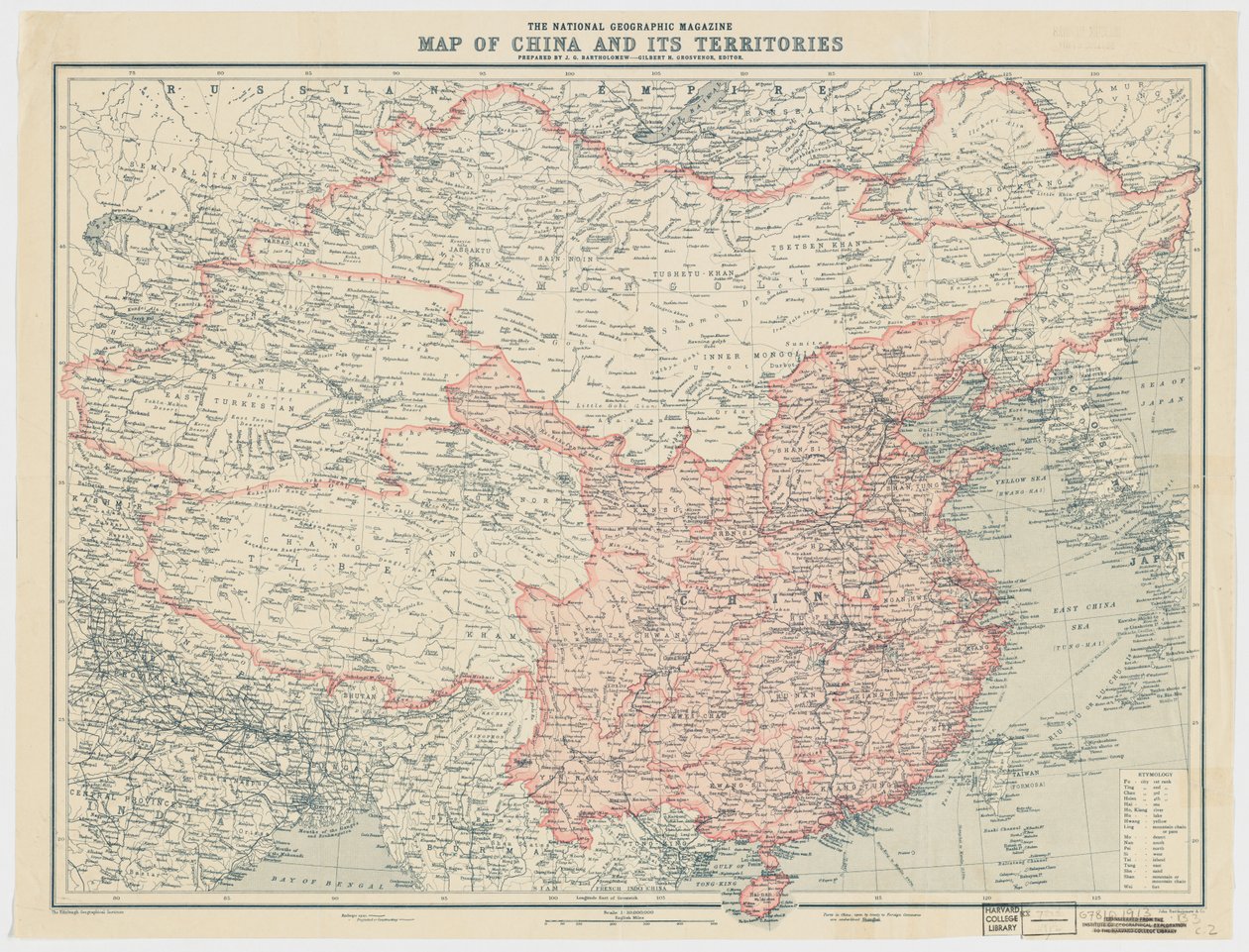 De National Geographic Magazine kaart van China en zijn territoria door J. G. Bartholomew