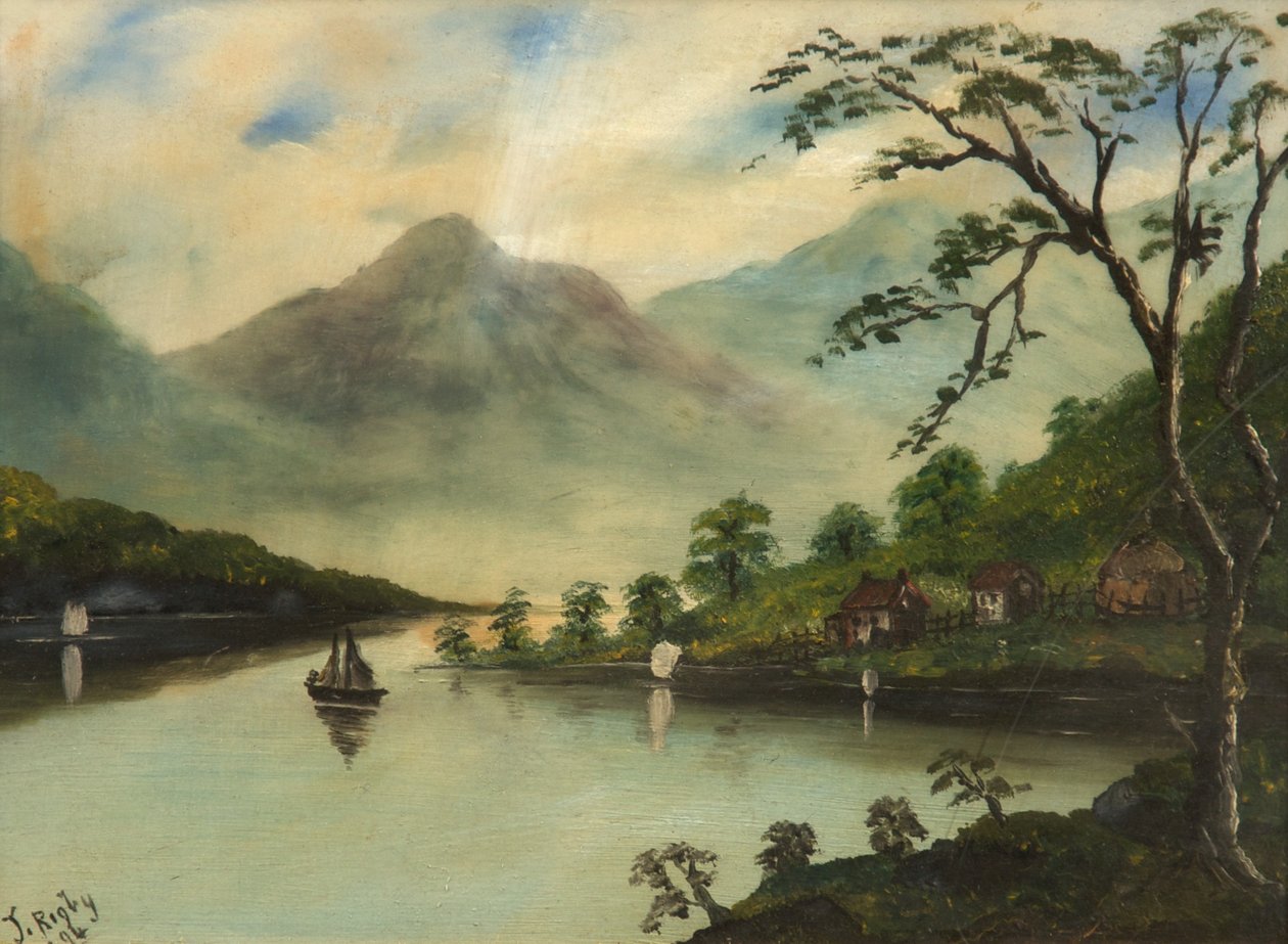 Landschap met Meer, Bergen en Zeilboot, 1894 door J. Rigby