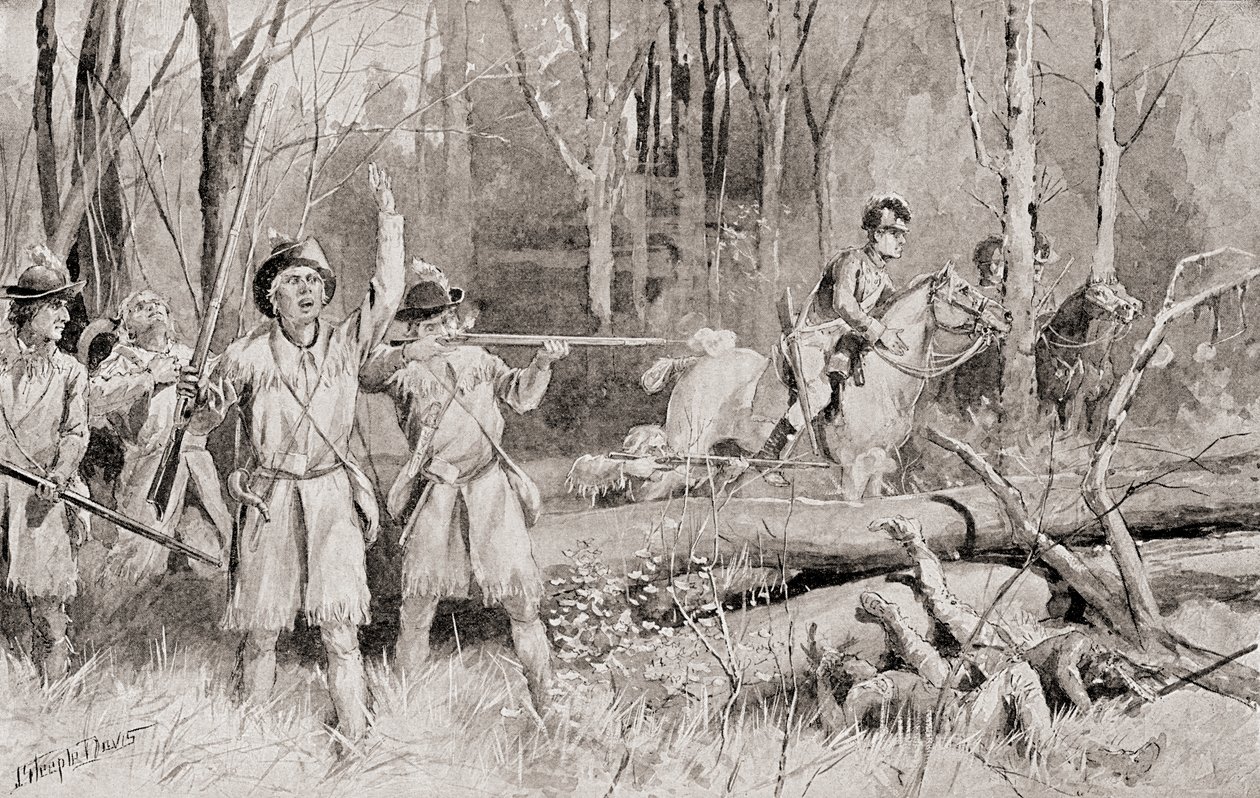 de Slag bij Fallen Timbers, 20 augustus 1794, de laatste slag van de Noordwest-Indiase Oorlog, uit De Geschiedenis van Ons Land, gepubliceerd 1905 door J. Steeple Davis