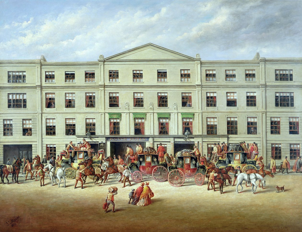 Paarden wisselen buiten de Plough Inn, Cheltenham door J.C. Maggs
