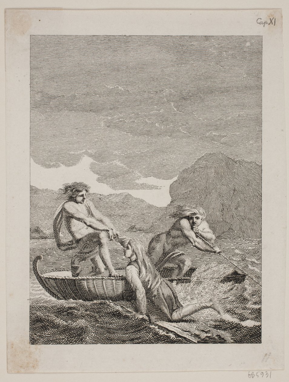 De schipbreukeling Niels Klim wordt gered door twee Qvamiter in een wilgenboot door J.F. Clemens