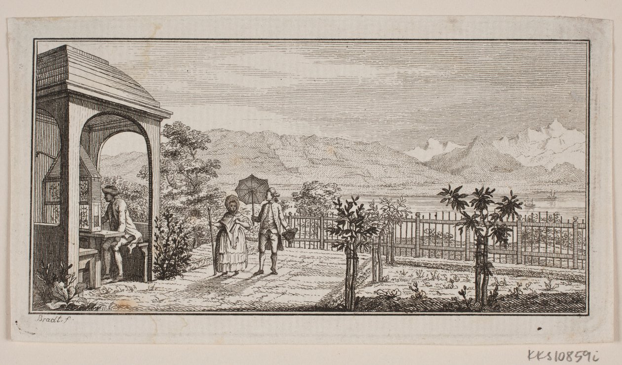 Een tuin terras in Genthod met een wandelend paar door J.F. Clemens