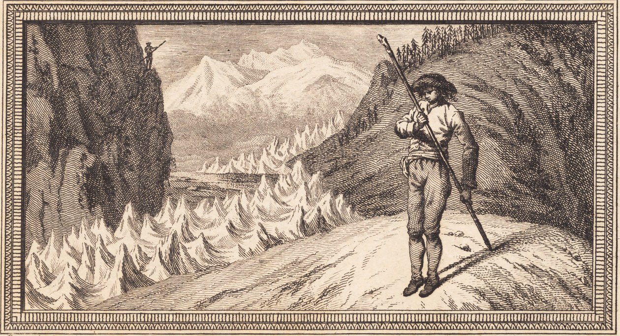 Een man op een sneeuwveld leunt op een lange stok door J.F. Clemens