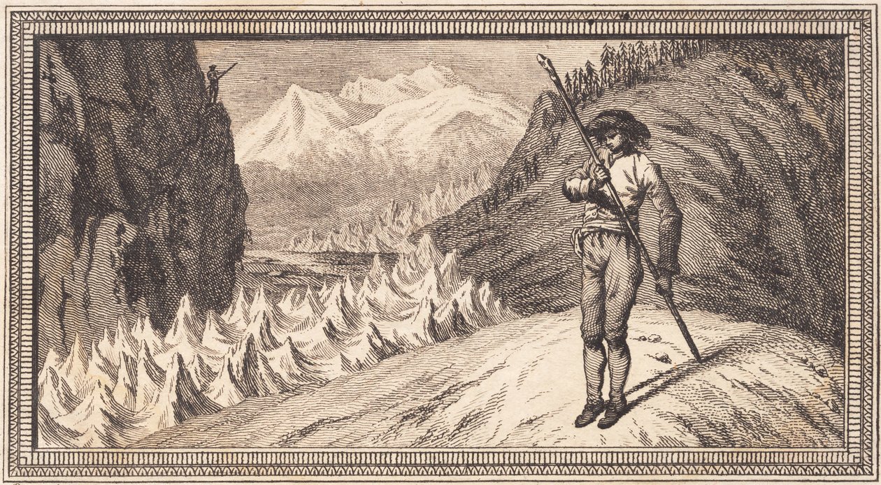 Een man op een sneeuwvlakte leunt op een lange stok door J.F. Clemens