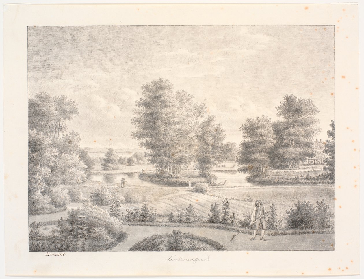 Sanderumgaards tuin met beboste eiland. Op de voorgrond man met hark door J.F. Clemens