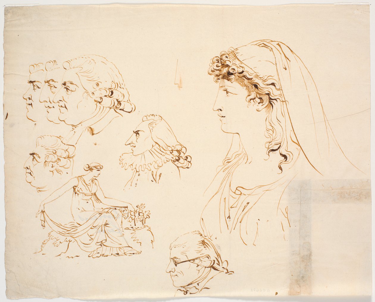 Zes mannelijke en een vrouwelijk profielhoofd en een vrouw in klassieke kleding die bloemen plukt door J.F. Clemens