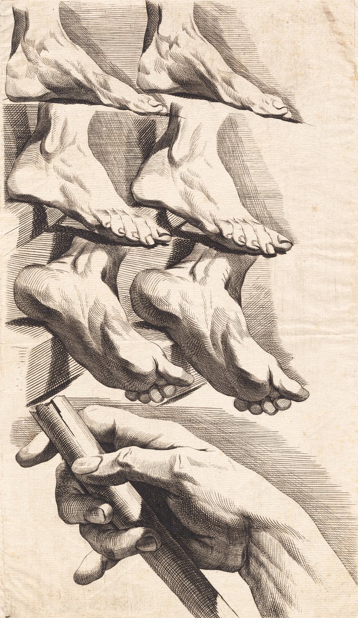 Studieblad van voeten en een hand die een staf vasthoudt door J.F. Clemens