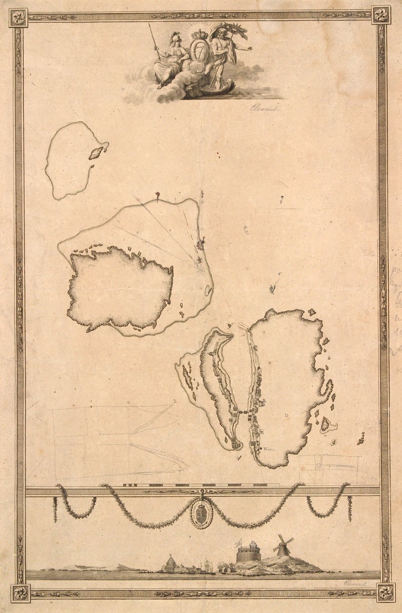 Titelvignet en uitzicht op kaart van Christiansø door J.F. Clemens