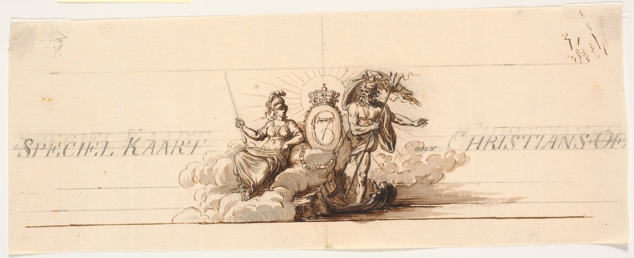 Ontwerp voor titelvignet en uitzicht voor kaart van Christiansø door J.F. Clemens