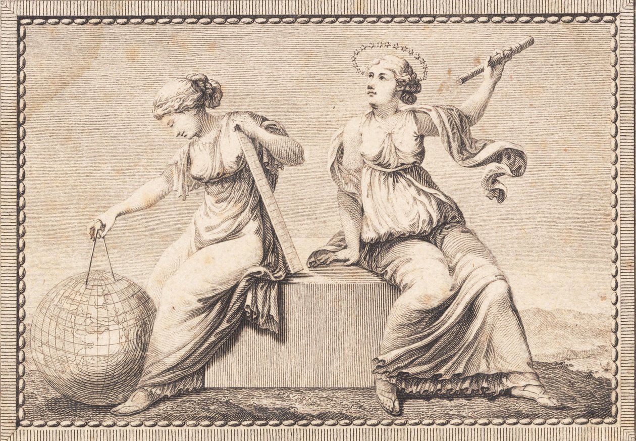 Urania en Gaea zitten op een vierkante steenblok door J.F. Clemens
