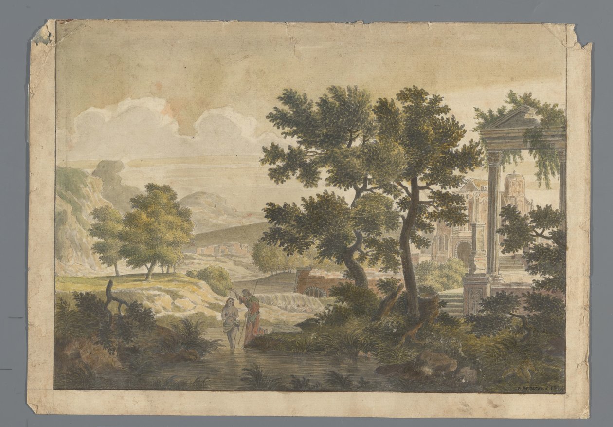 Landschap met de doop van Christus door J.H. Wend