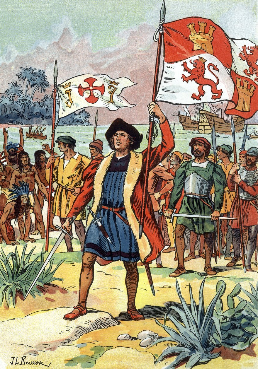 1492: Christoffel Columbus arriveert in Amerika met Spaanse vlag door J.L Beuzon (fl.1880 1940)
