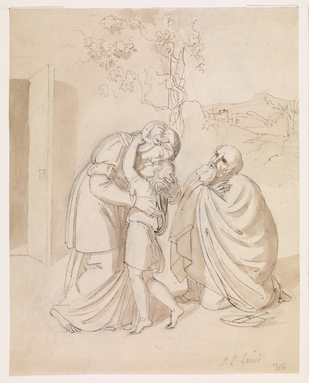Sarah neemt afscheid van Isaak, Abraham knielend door J.L. Lund