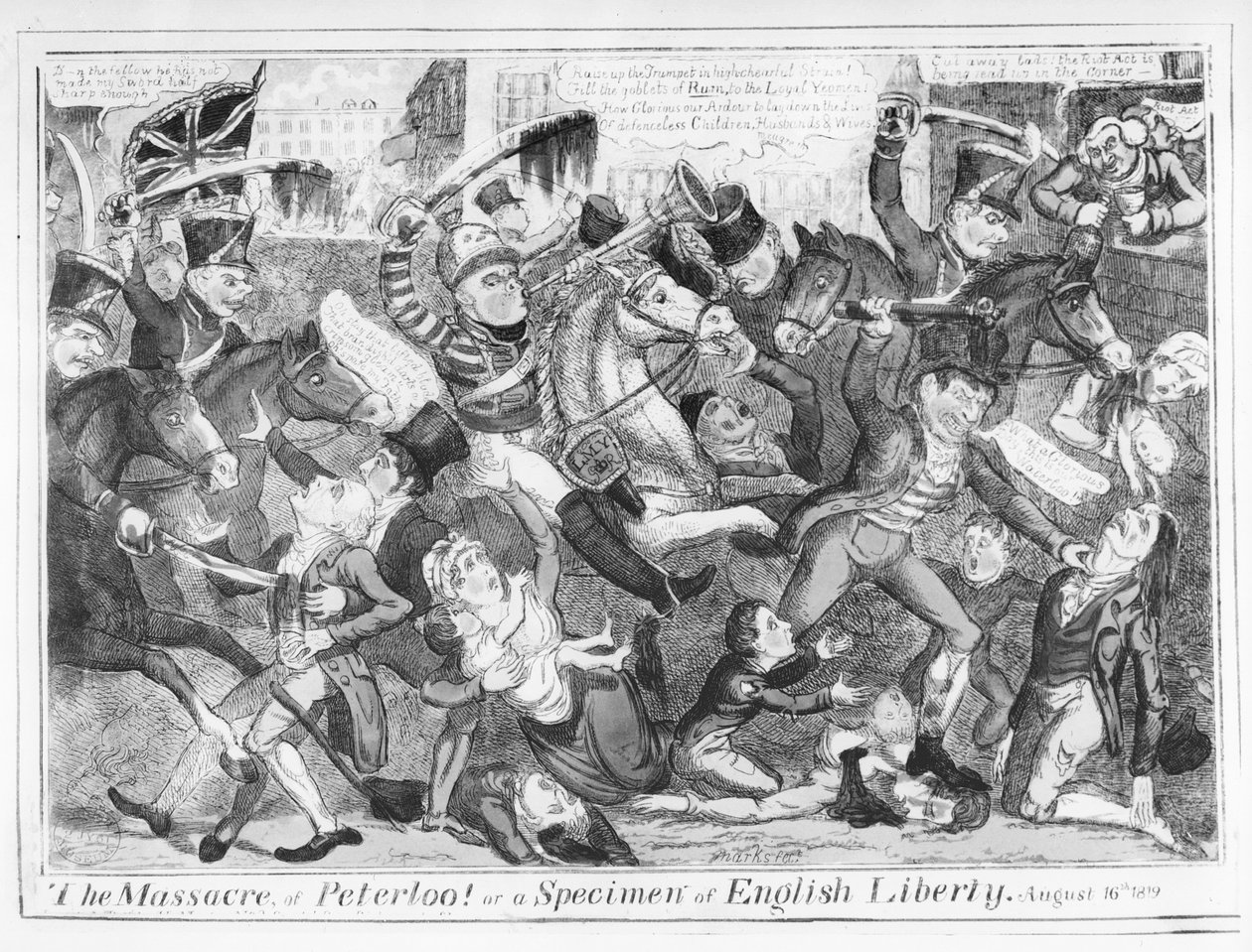 "Het bloedbad van Peterloo! of een voorbeeld van Engelse vrijheid, 16 augustus 1819" (ets) door J.L. Marks
