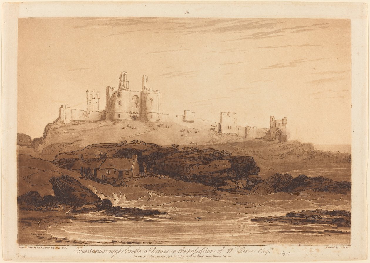 Kasteel Dunstanborough, gepubliceerd 1808 door Joseph Mallord William Turner