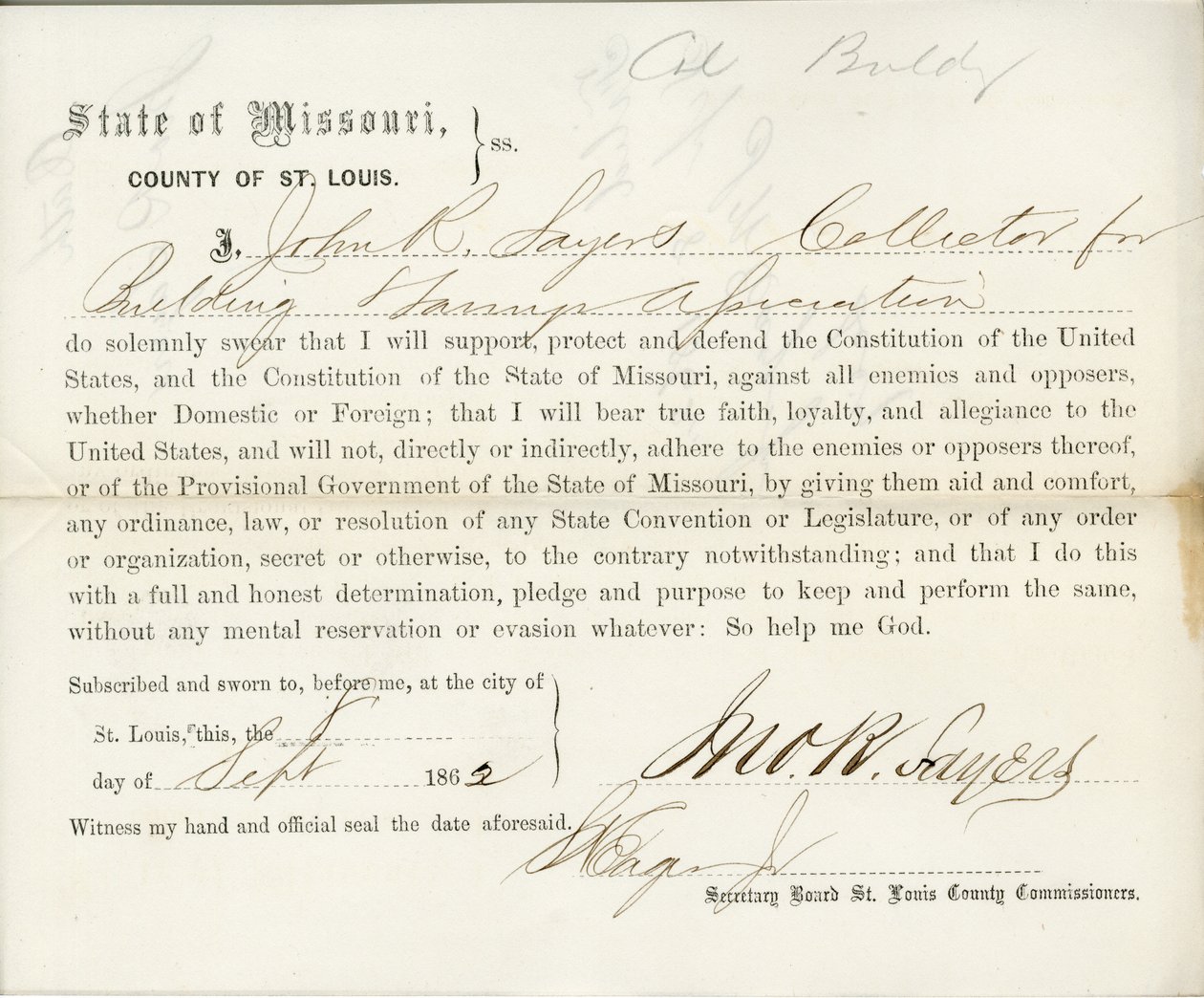 Loyaliteitseed van John R. Sayers uit Missouri, County of St. Louis door J.R. Sayers
