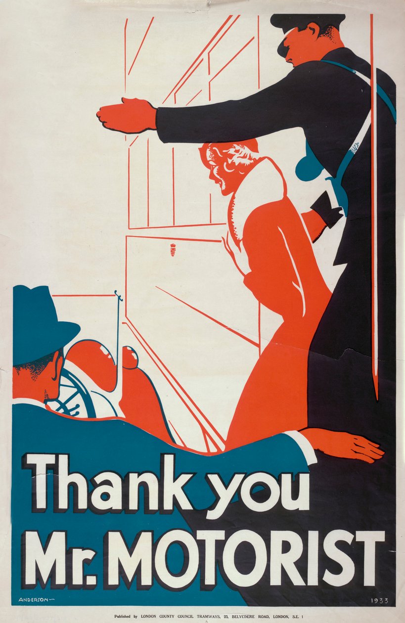Dank U Meneer Motorist, London County Council LCC Tramways poster, 1933 door JS Anderson
