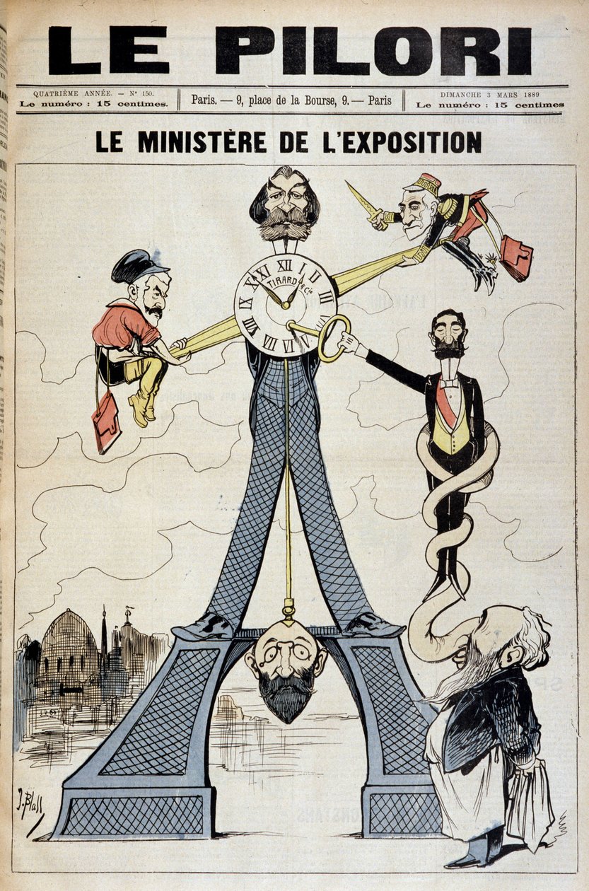 De minister van Tentoonstelling (cartoon over financiële schandalen aan het einde van de 19e eeuw en de Eiffeltoren). Illustratie door J. Blass