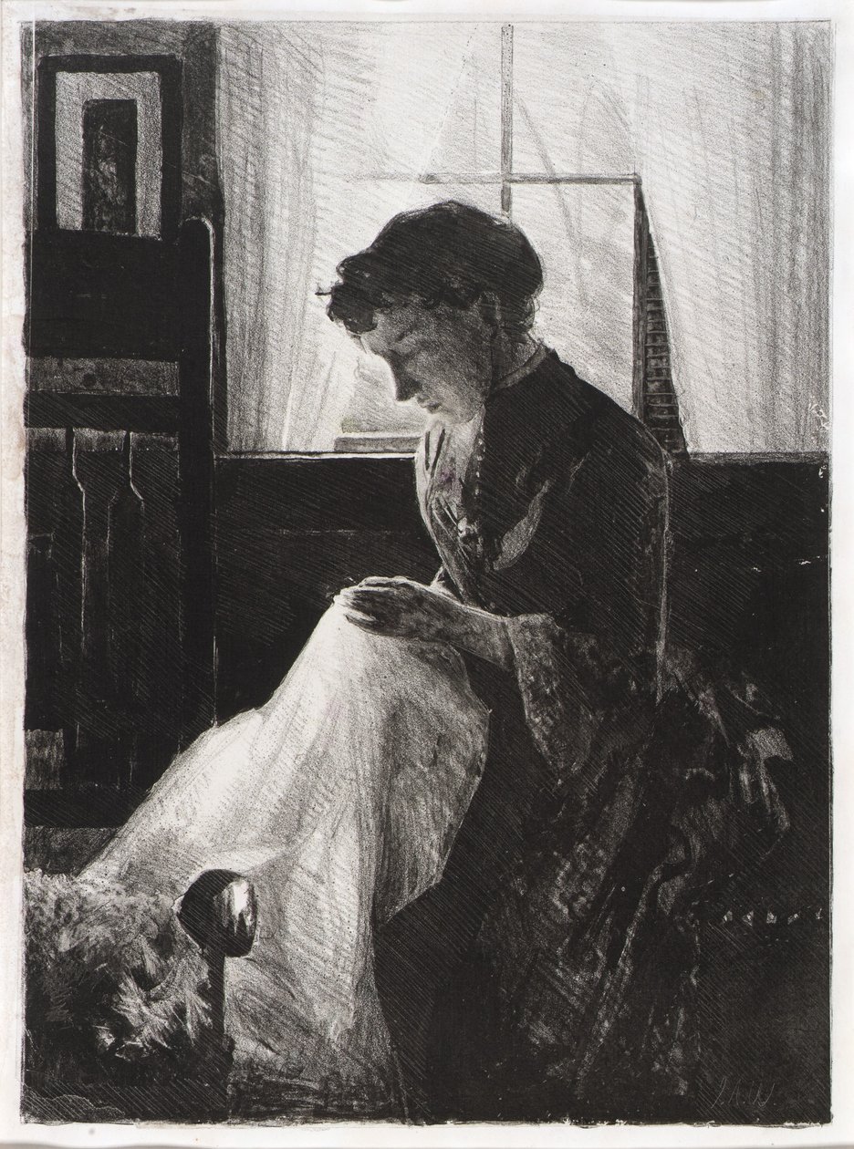 Profielportret van een naaiende vrouw door J. Alden Weir