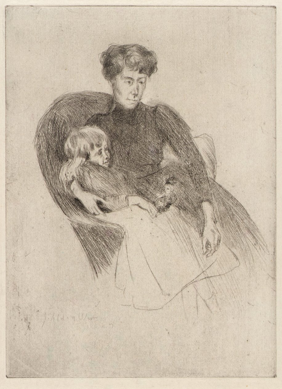 Vrouw en kind, zittend (moeder en kind met speelgoed) door J. Alden Weir
