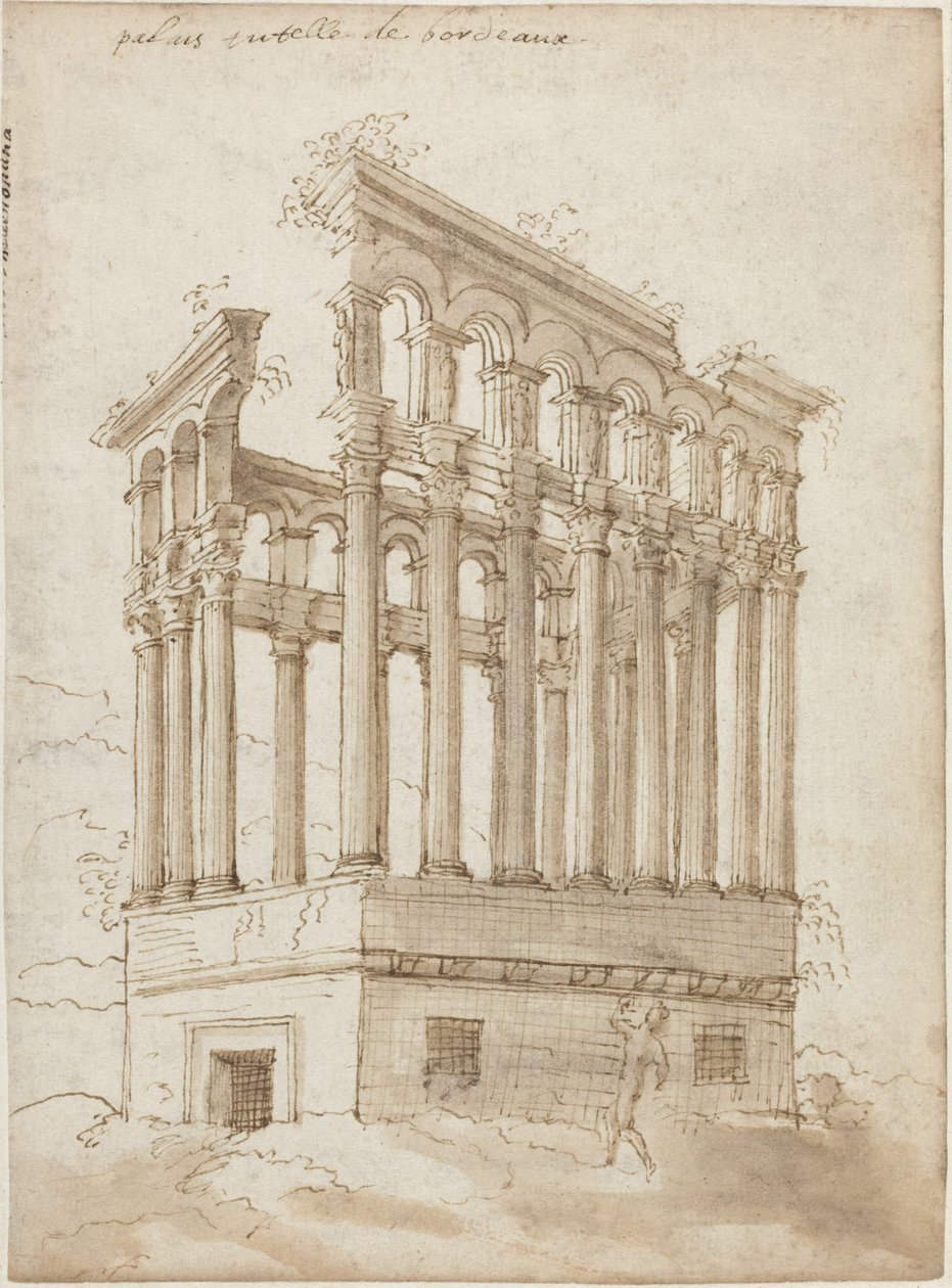 Het "Palais Tutelle" bij Bordeaux (pen en bruine inkt met bruin gewassen papier) door J. Androuet (1510-84) Ducerceau