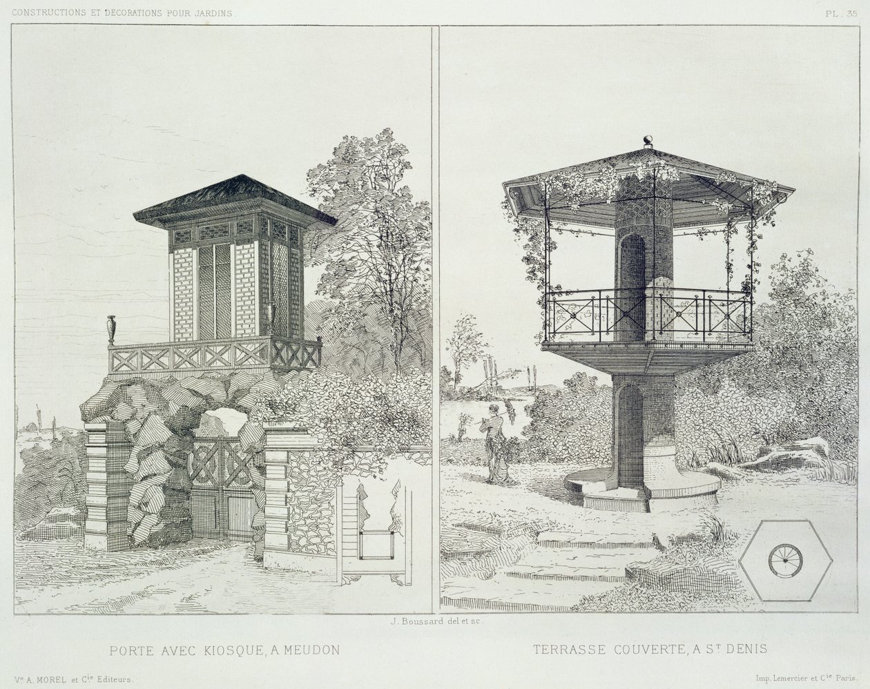 Portaal met kiosk, Meudon, en overdekt terras, St. Denis, uit een volume met ontwerpen van verschillende architecten, uitgegeven door Morel & Cie, Parijs, ca. 1880 door J. Boussard