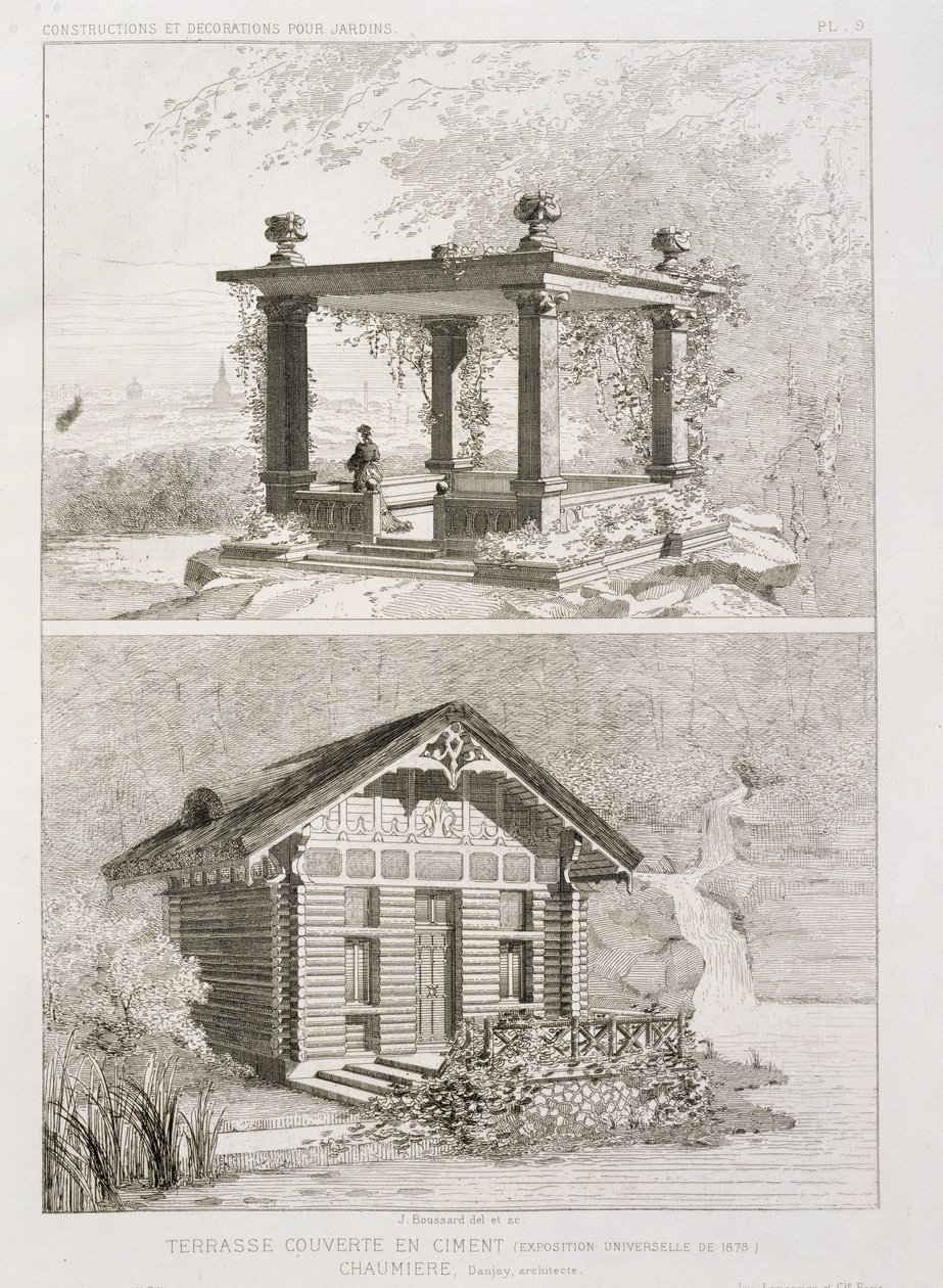 Terras bedekt met cement, en prieel ontworpen door Danjoy, ca. 1880 door J. Boussard