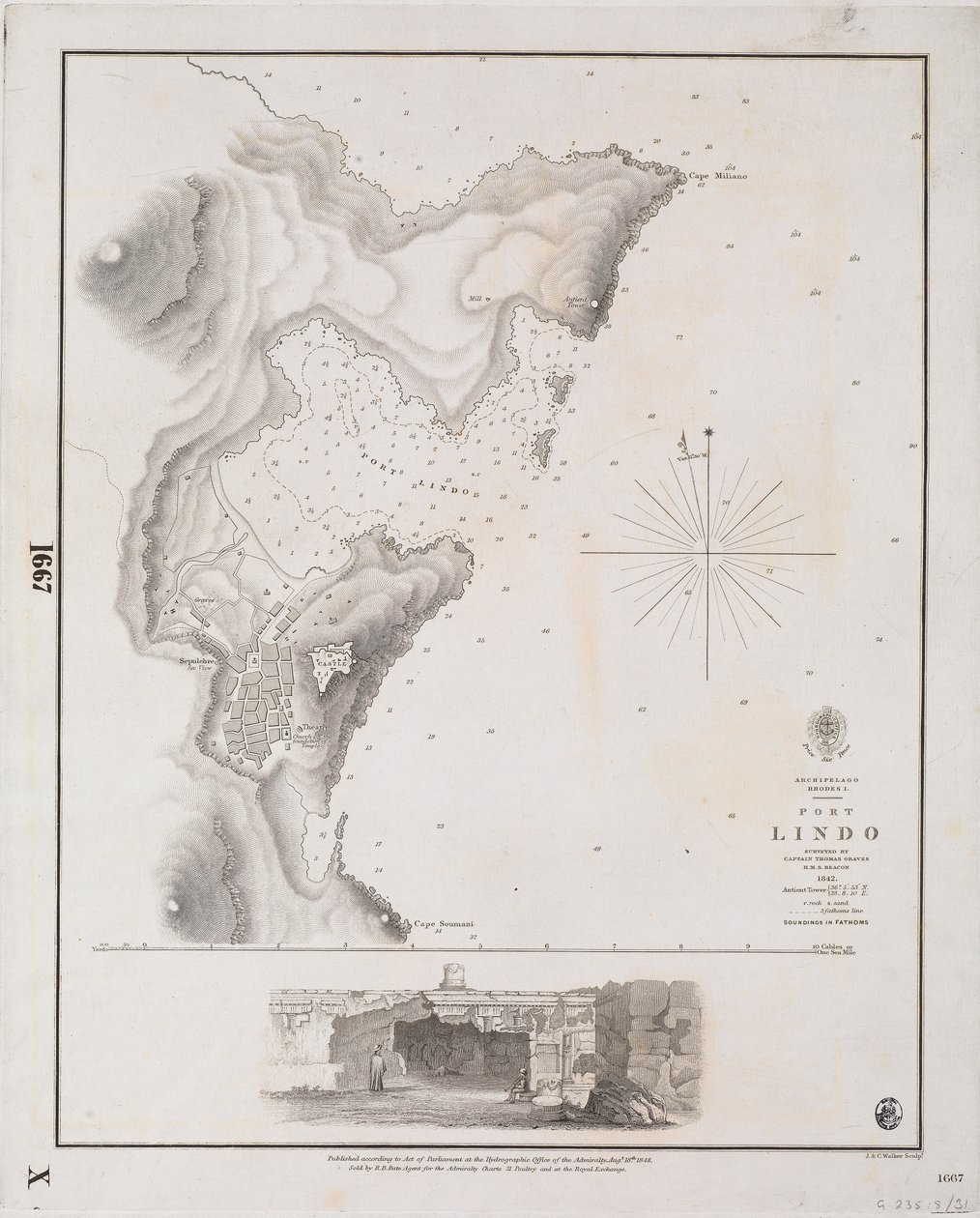 Archipel, Rhodos I., Port Lindo onderzocht door Kapitein Thomas Graves, HMS 