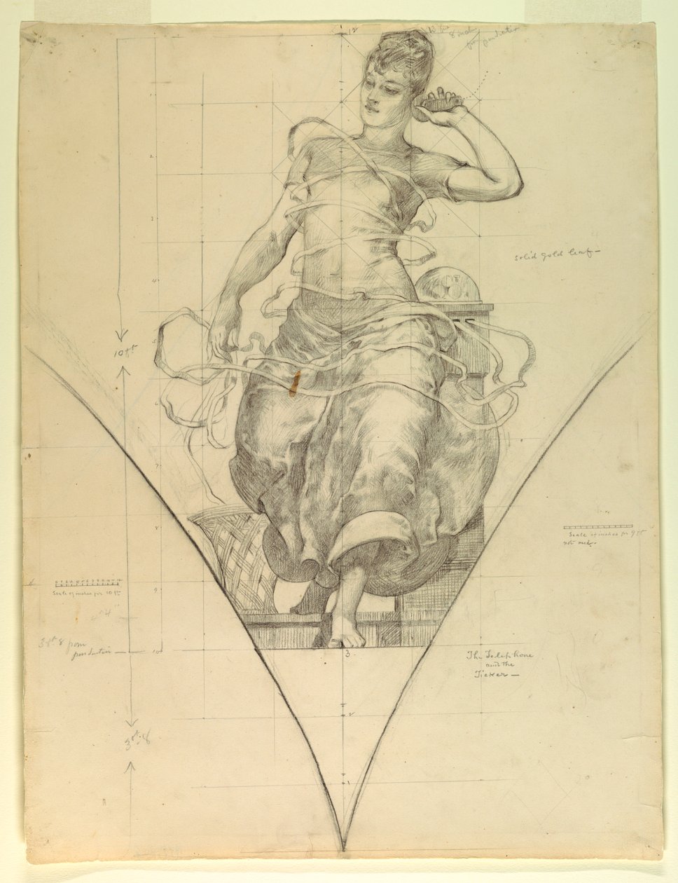De Telefoon en de Ticker, Studie voor "Elektriciteit toegepast op Handel," Fabrieken en Vrije Kunsten Gebouw, Wereldtentoonstelling, Chicago, IL door J. Carroll Beckwith